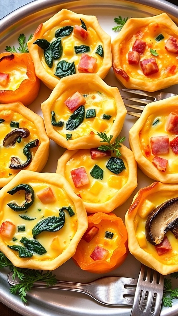 A variety of mini quiches on a platter, featuring different fillings like spinach, ham, cheese, and mushrooms.